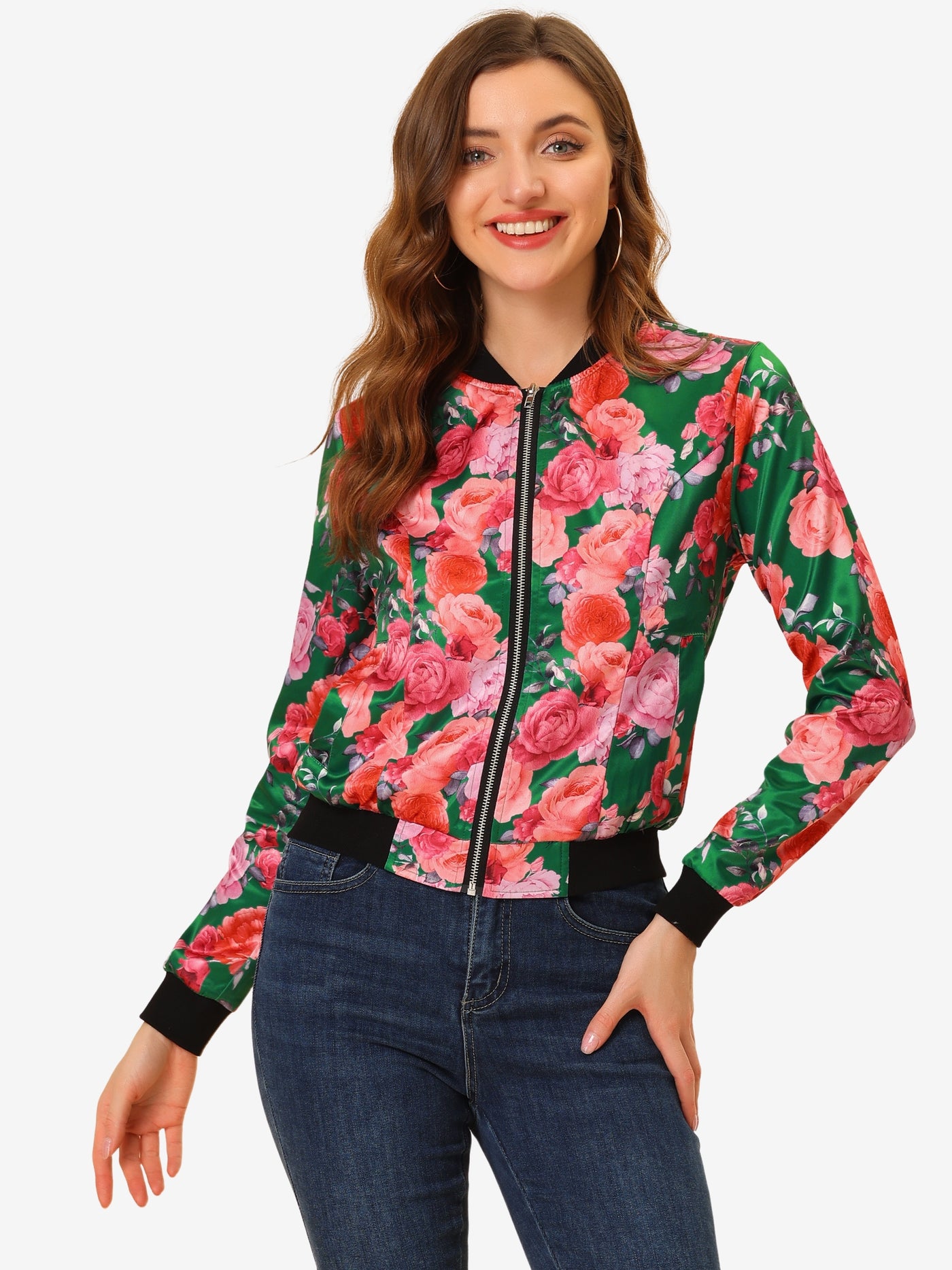 Allegra K Stand Collar Floral Print Zip Up Bomber Jacket