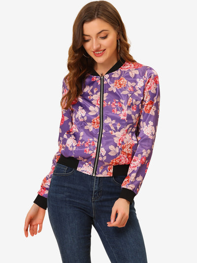 Stand Collar Floral Print Zip Up Bomber Jacket