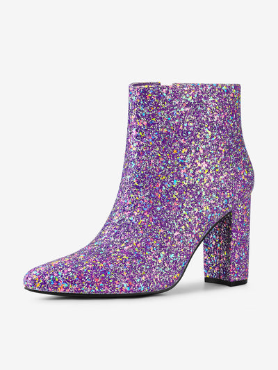 Glitter Pointed Toe Chunky Heel Zipper Ankle Boots