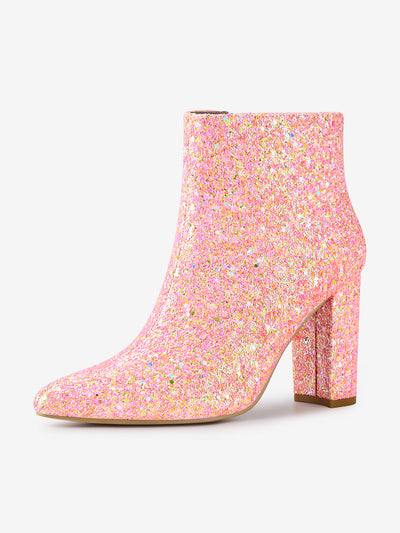 Glitter Pointed Toe Chunky Heel Zipper Ankle Boots