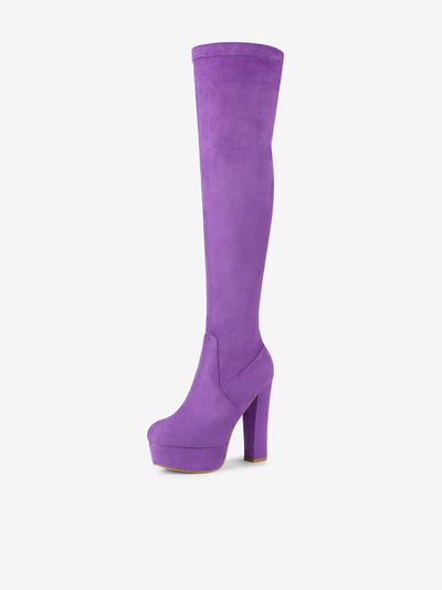 Faux Suede Platform Block Heel Over Knee High Boots