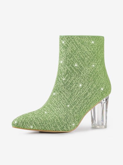 Pointed Toe Clear Block Heel Glitter Ankle Boots