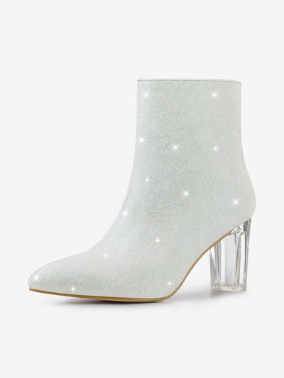 Pointed Toe Clear Block Heel Glitter Ankle Boots