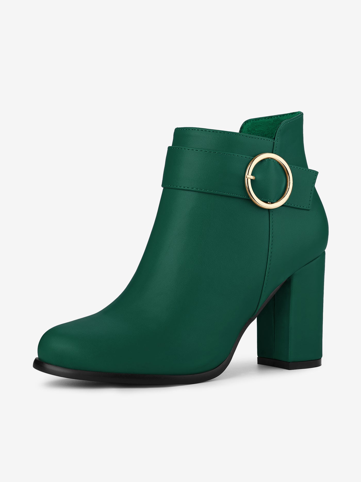 Allegra K Round Toe Circle Buckle Chunky Heel Ankle Boots