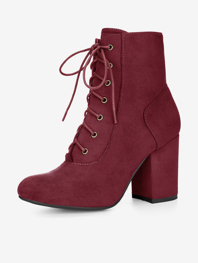 Faux Suede Round Toe Lace Up Chunky Heel Ankle Booties