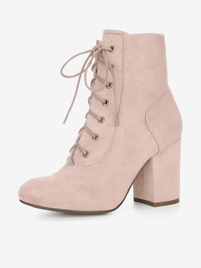 Faux Suede Round Toe Lace Up Chunky Heel Ankle Booties