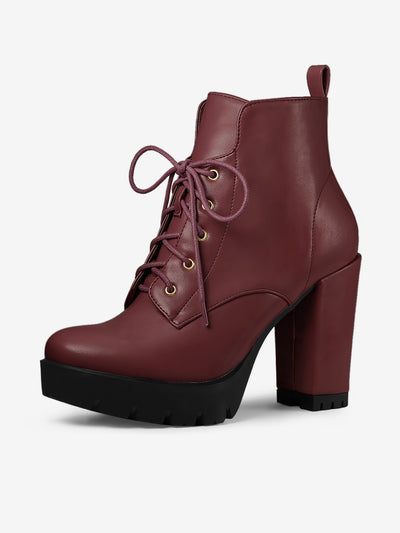 Round Toe Chunky Heel Lace Up Platform Boots