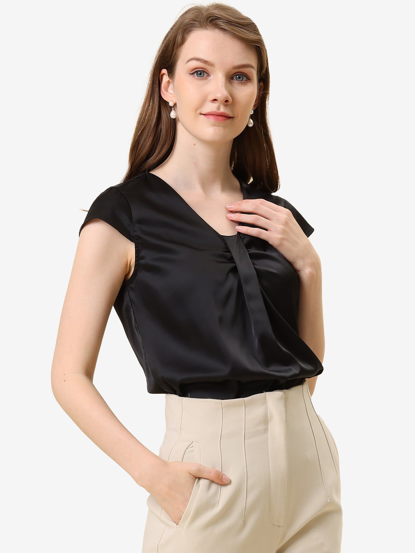Allegra K Office Blouse Elegant Cap Sleeve Lightweight V Neck Top