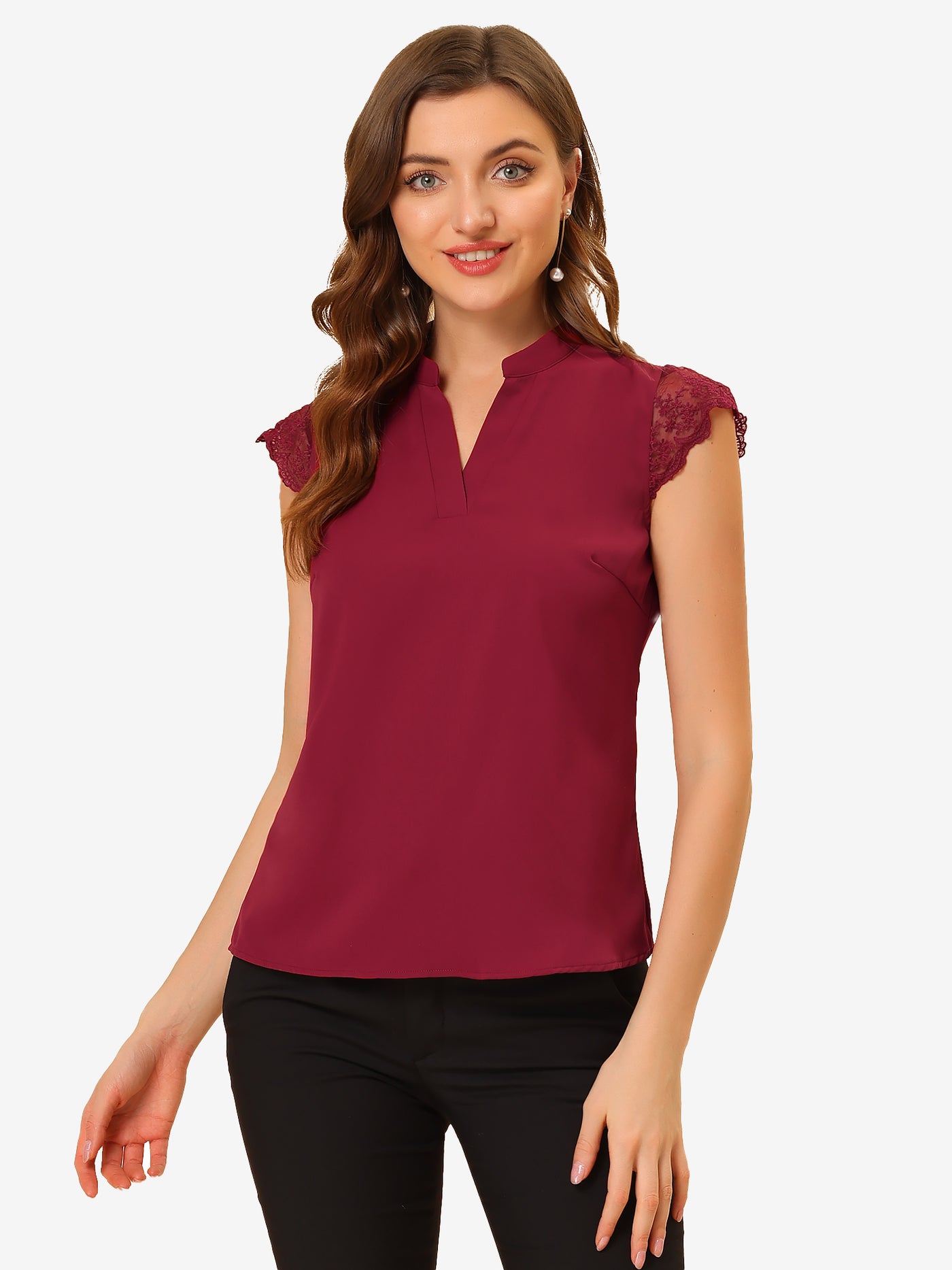 Allegra K Work Top Office Lace Cap Sleeve Basic Shirt Blouse