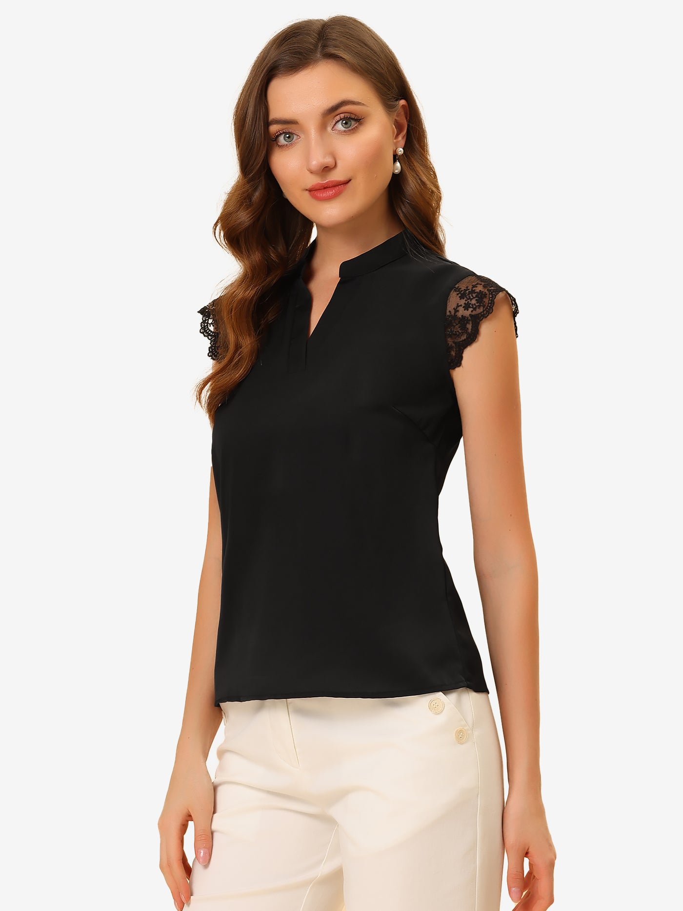 Allegra K Work Top Office Lace Cap Sleeve Basic Shirt Blouse