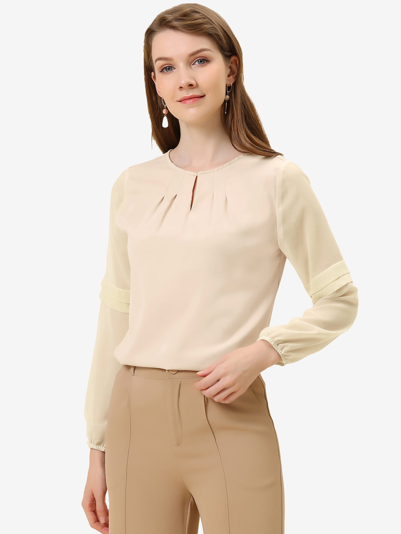 Allegra K Chiffon Shirt Semi Sheer Keyhole Neck Elegant Blouse