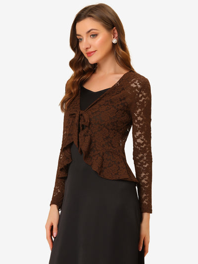 Floral Lace Shrug Tie Front Ruffled Hem Sheer Crop Bolero