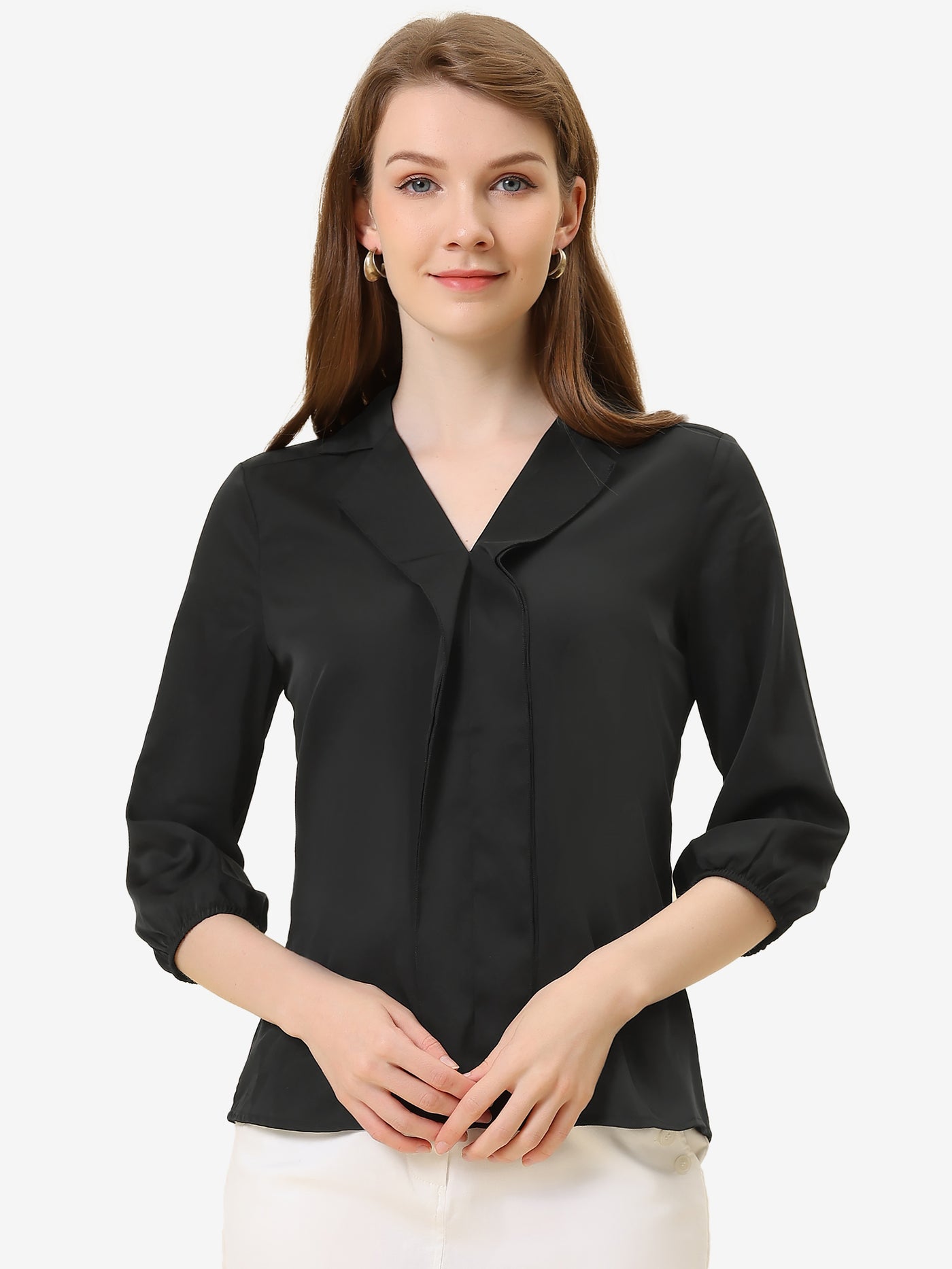 Allegra K V Neck 3/4 Sleeve Collared Work Office Top Blouse