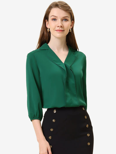 V Neck 3/4 Sleeve Collared Work Office Top Blouse