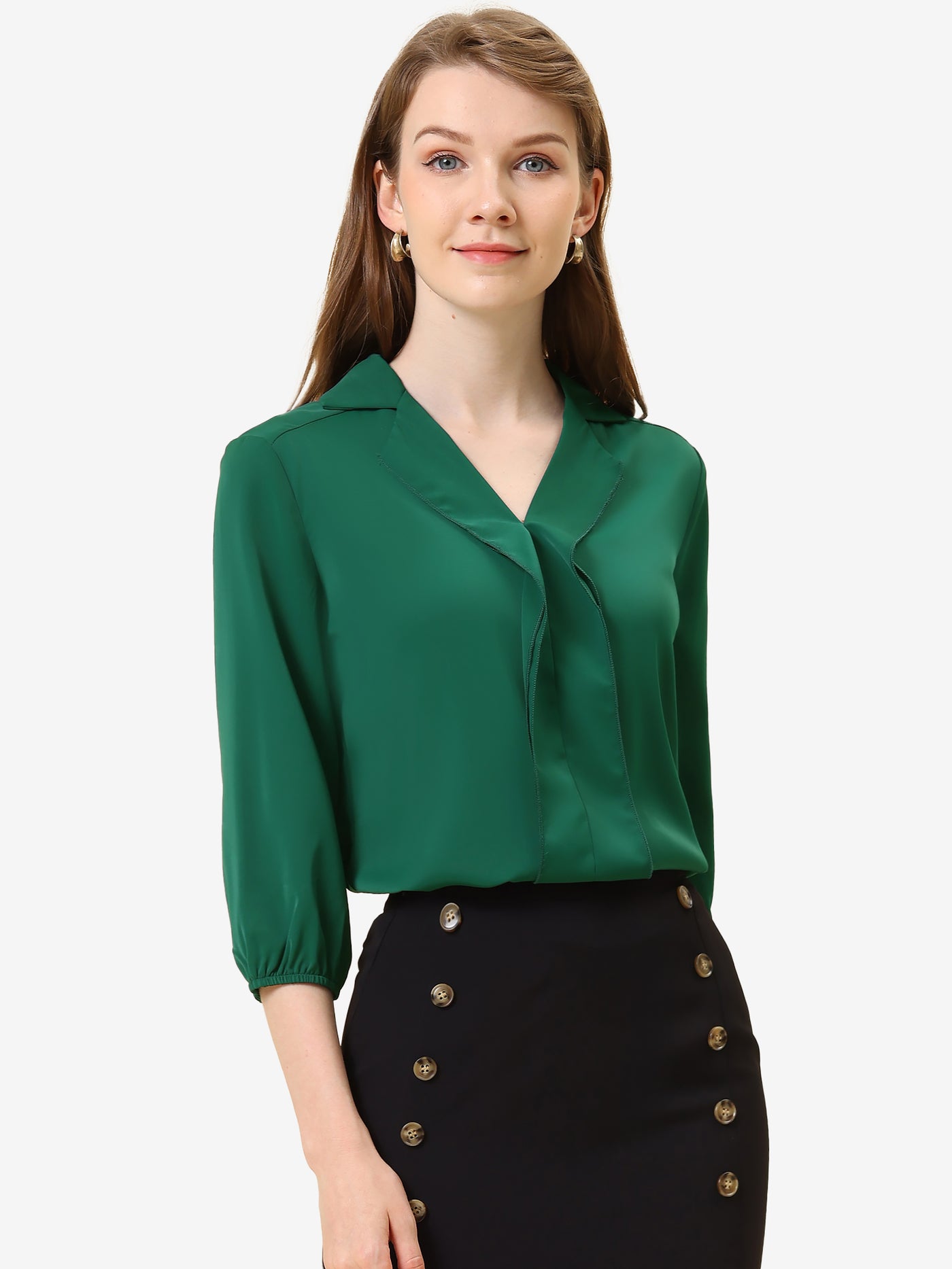 Allegra K V Neck 3/4 Sleeve Collared Work Office Top Blouse