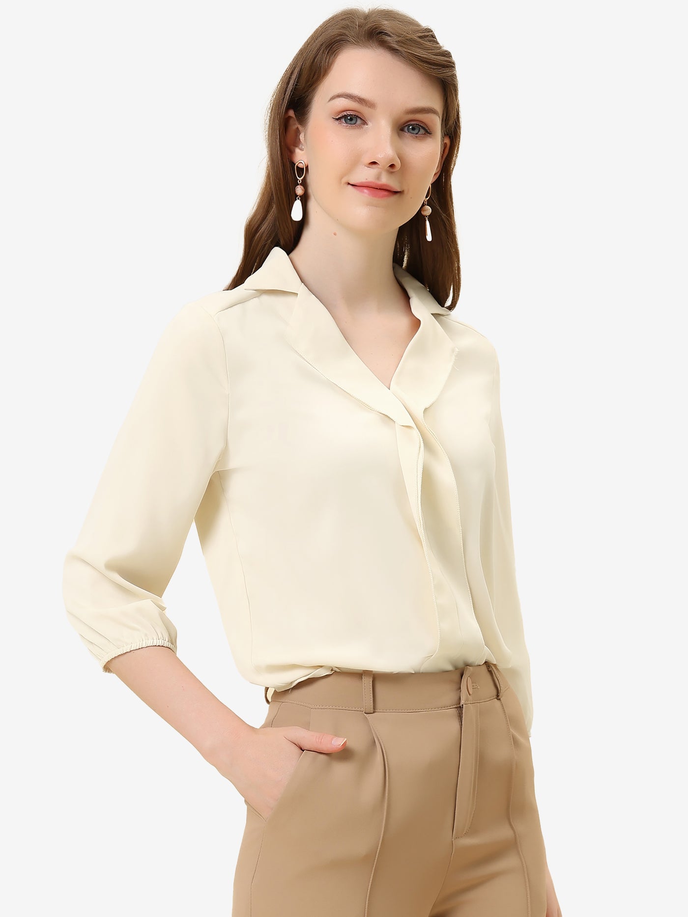 Allegra K V Neck 3/4 Sleeve Collared Work Office Top Blouse