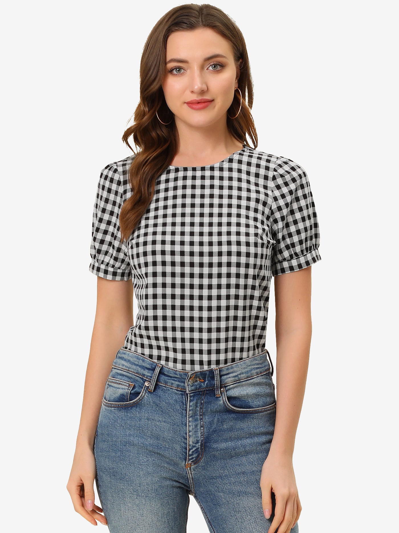 Allegra K Vintage Blouse Plaid Crew Neck Puff Sleeve Casual Gingham Tops