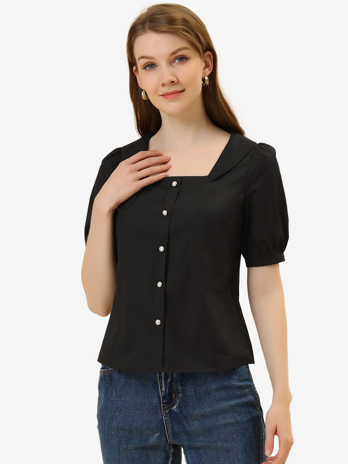 Allegra K Peasant Square Neck Pearl Button Decor Casual Elegant Top