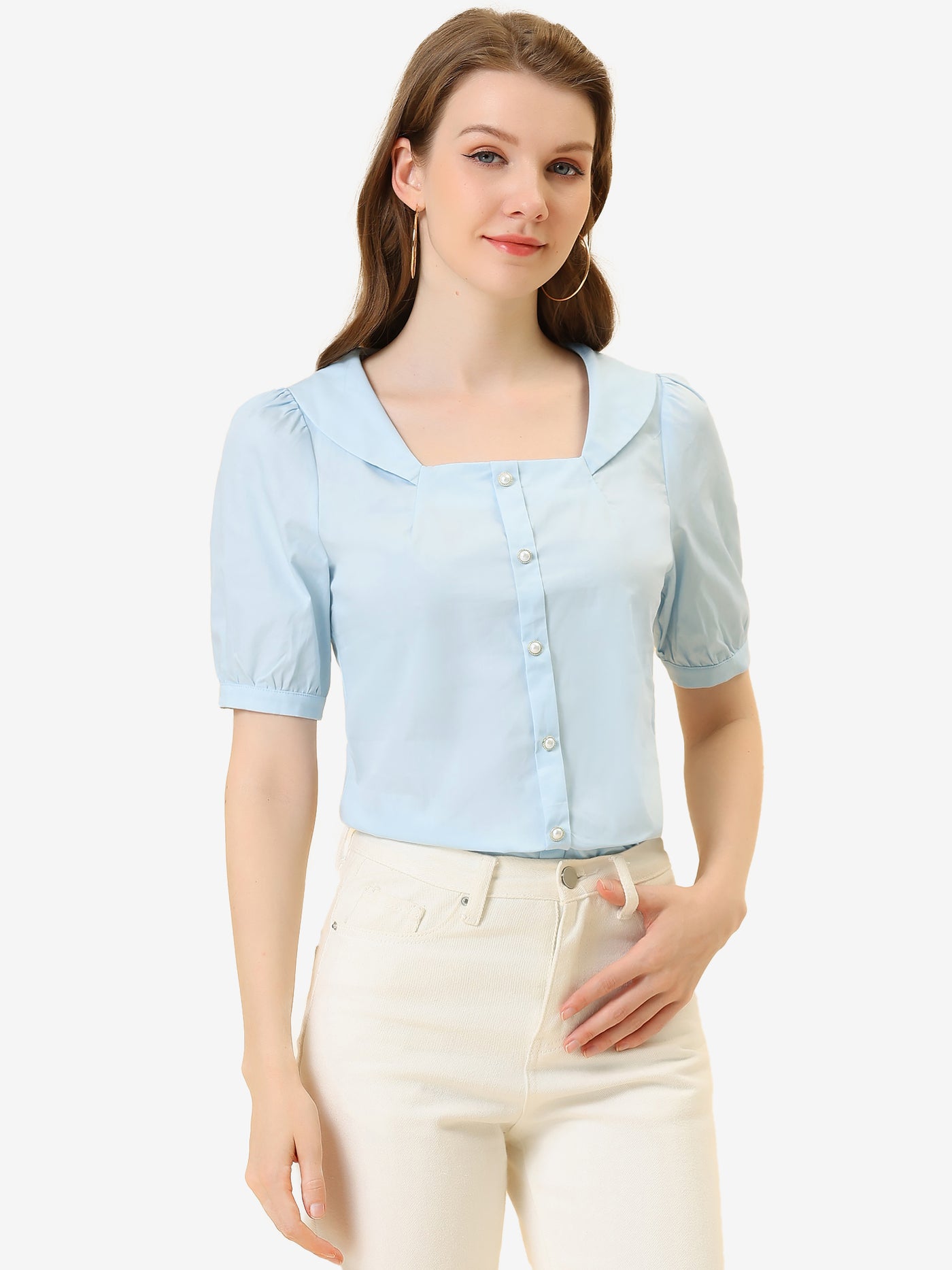 Allegra K Peasant Square Neck Pearl Button Decor Casual Elegant Top