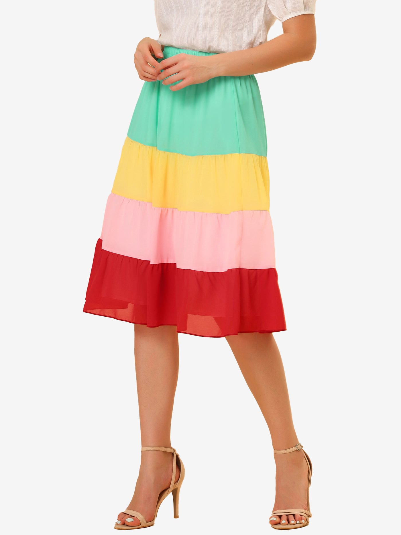 Allegra K Tiered High Waist Contrast Chiffon Color Block Skirt