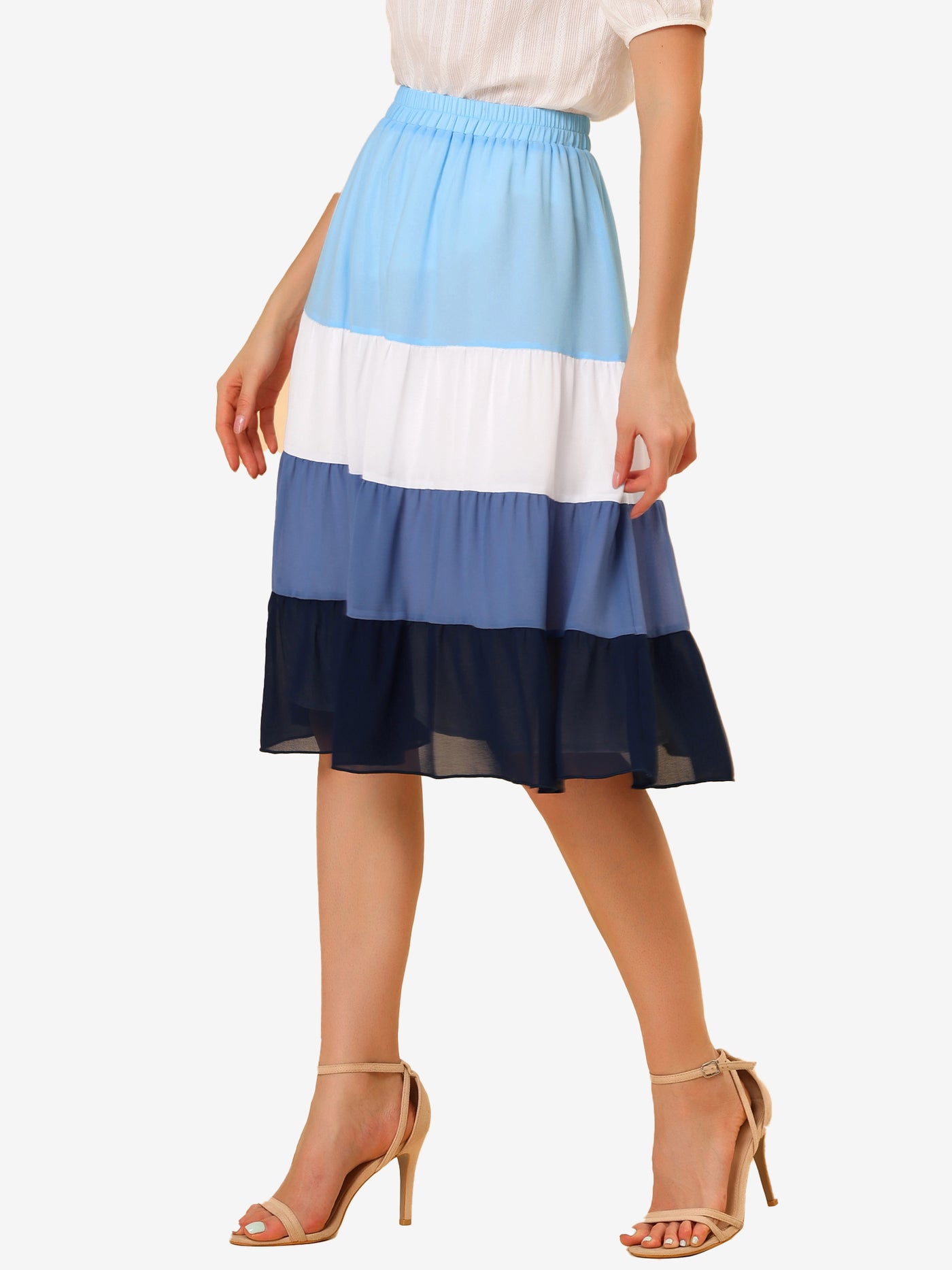 Allegra K Tiered High Waist Contrast Chiffon Color Block Skirt