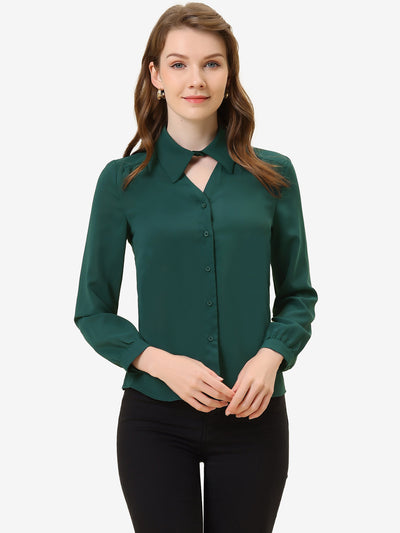 Choker Neck Blouse Turn Down Collar Long Sleeve Work Shirt