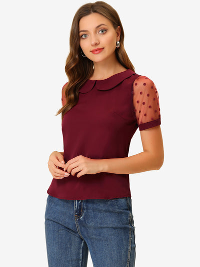 Peter Pan Collar Puff Mesh Short Sleeve Polka Dot Blouse