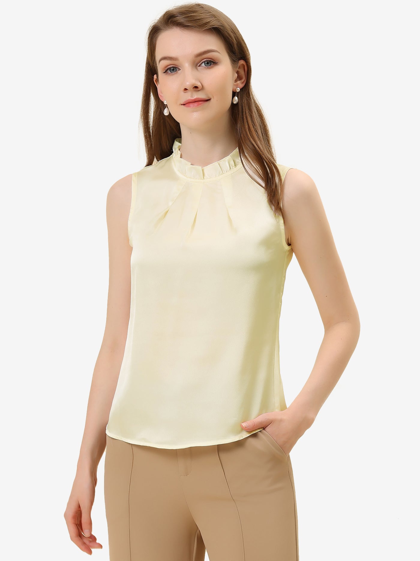 Allegra K Sleeveless Blouse Mock Neck Ruffles Elegant Satin Work Tops