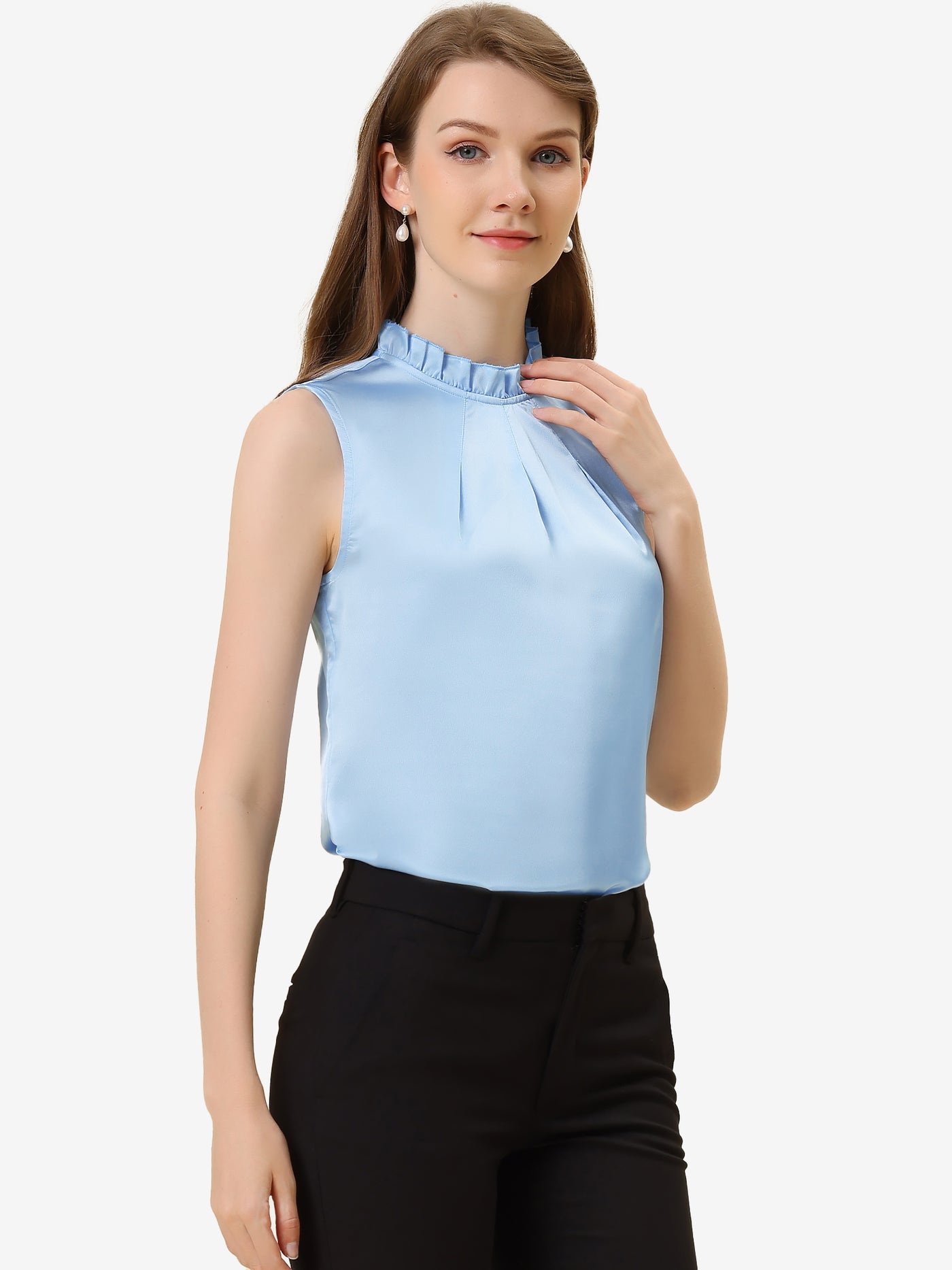 Allegra K Sleeveless Blouse Mock Neck Ruffles Elegant Satin Work Tops