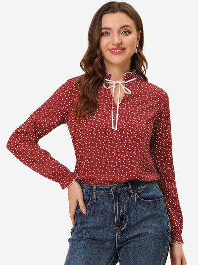 Bow Tie Neck Blouse Ruffled Collar Printed Long Sleeve Vintage Top