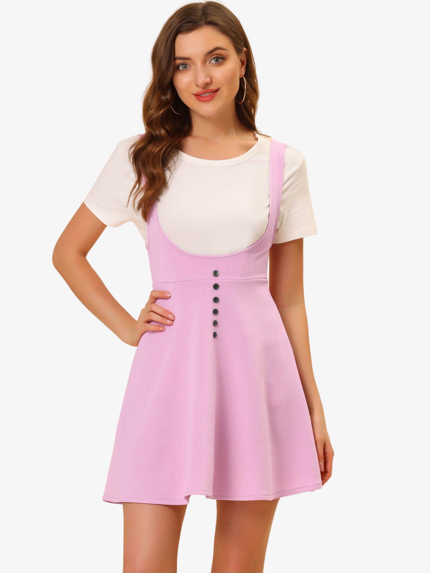 Allegra K Button Decor Overalls Pinafore Dress Suspenders Skirt