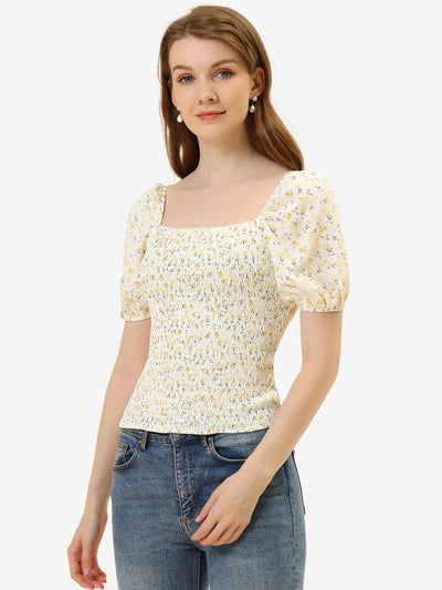 Smocked Top Floral Puff Sleeve Slim Fit Square Neck Blouse