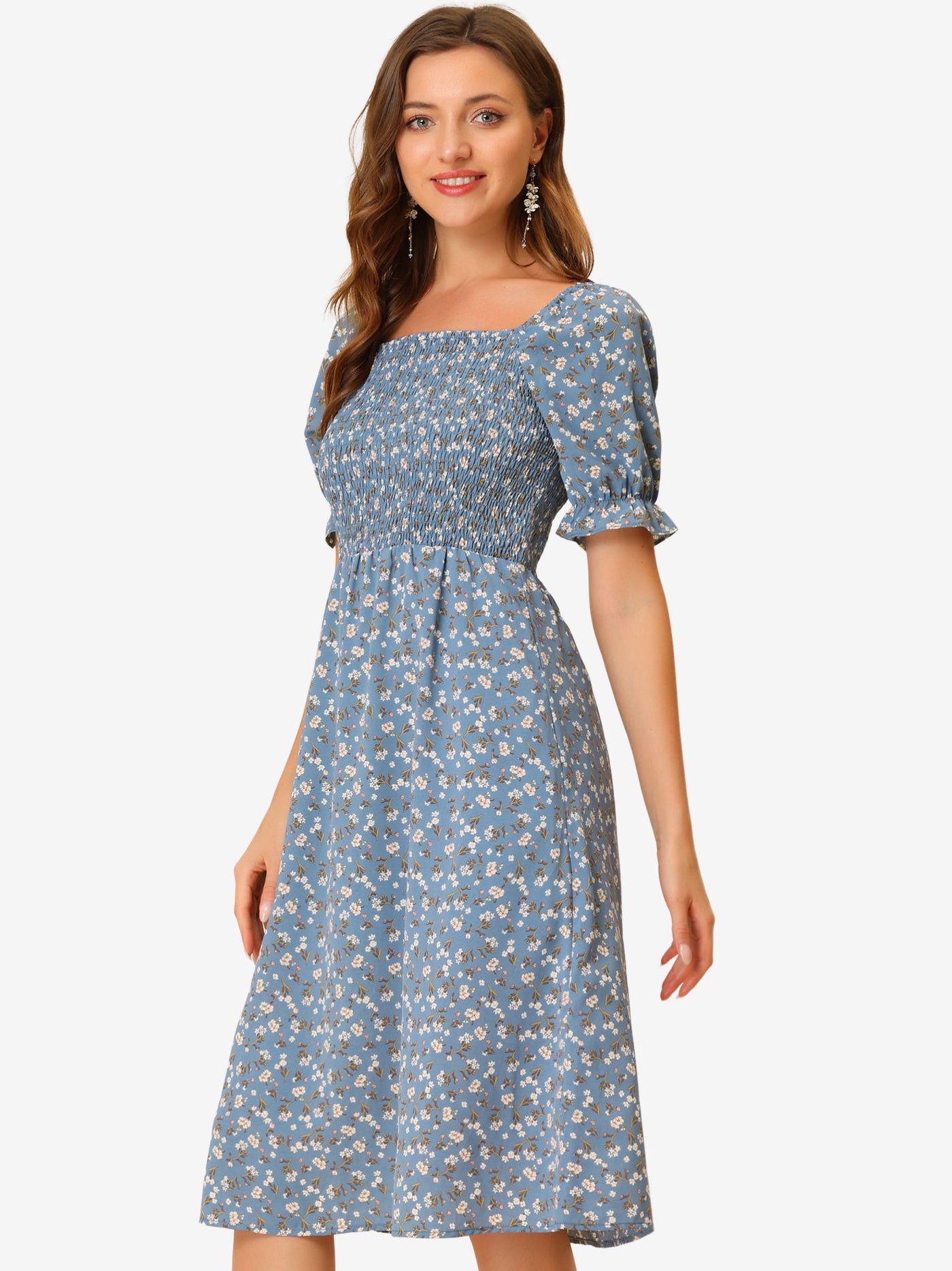 Allegra K Square Neck Puff Sleeve Shirred Floral Casual Midi Dress