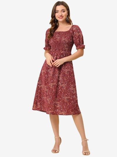 Square Neck Puff Sleeve Shirred Floral Casual Midi Dress