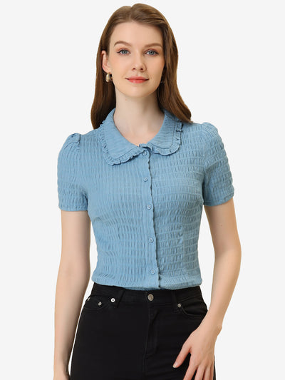 Peter Pan Collar Short Sleeves Textured Button Down Blouse