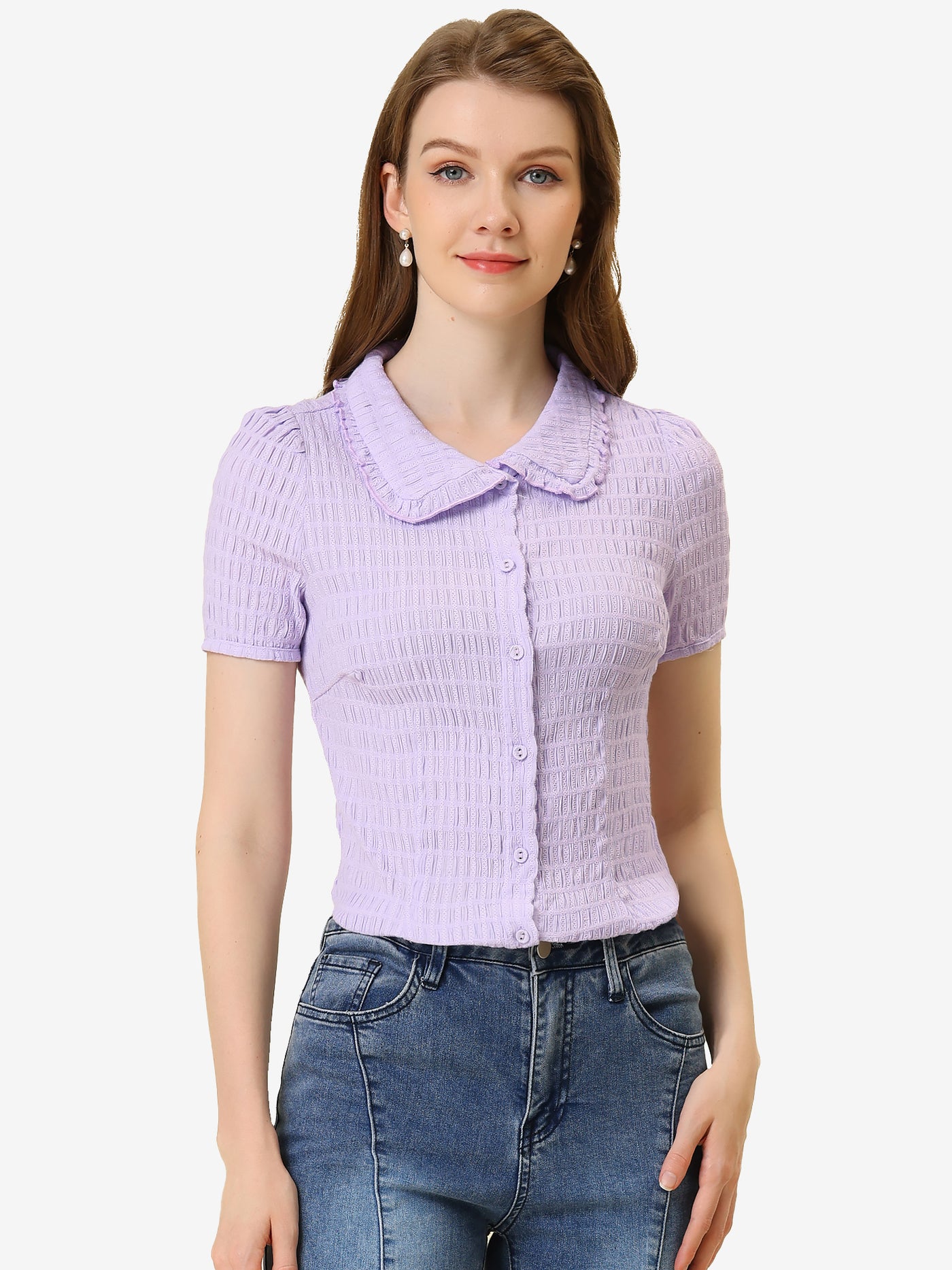 Allegra K Peter Pan Collar Short Sleeves Textured Button Down Blouse