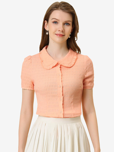 Peter Pan Collar Short Sleeves Textured Button Down Blouse