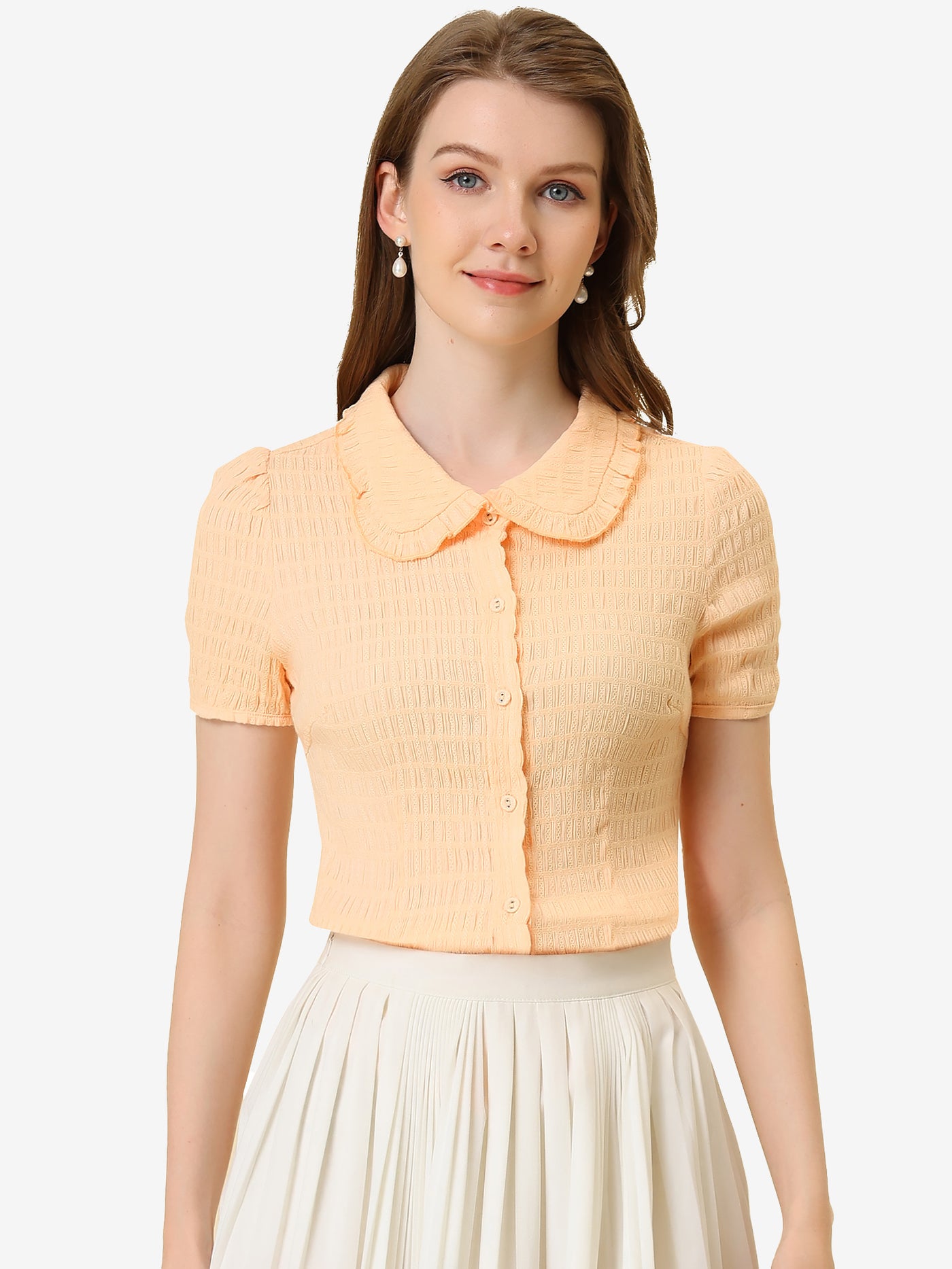 Allegra K Peter Pan Collar Short Sleeves Textured Button Down Blouse