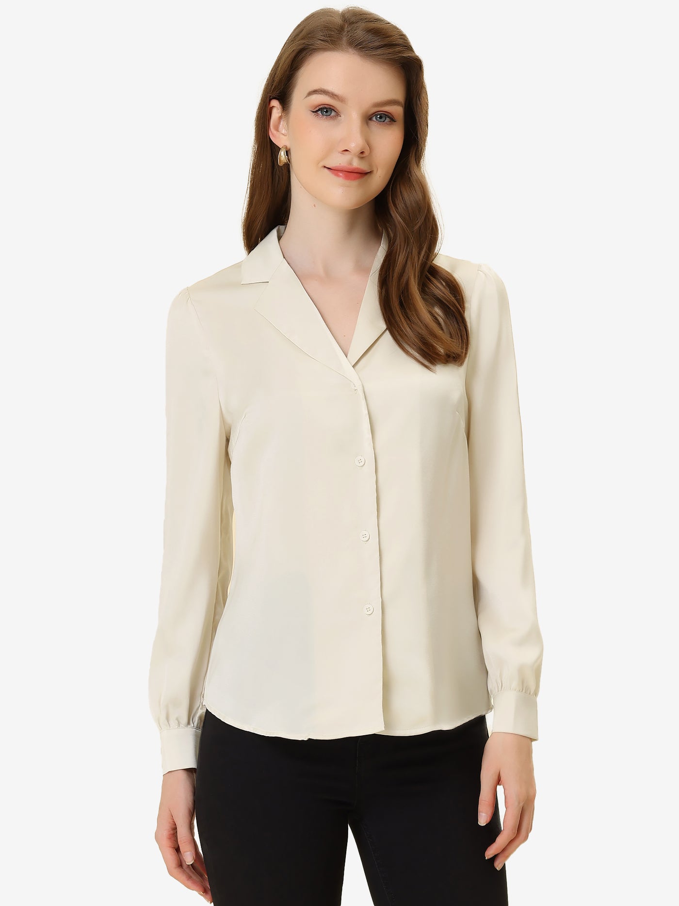 Allegra K Elegant Collar Blouse Long Sleeve Work Office Satin Button Down Shirt