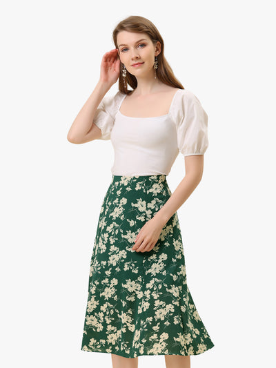 Floral Peasant Elastic Waist A-Line Ditsy Leave Midi Skirt