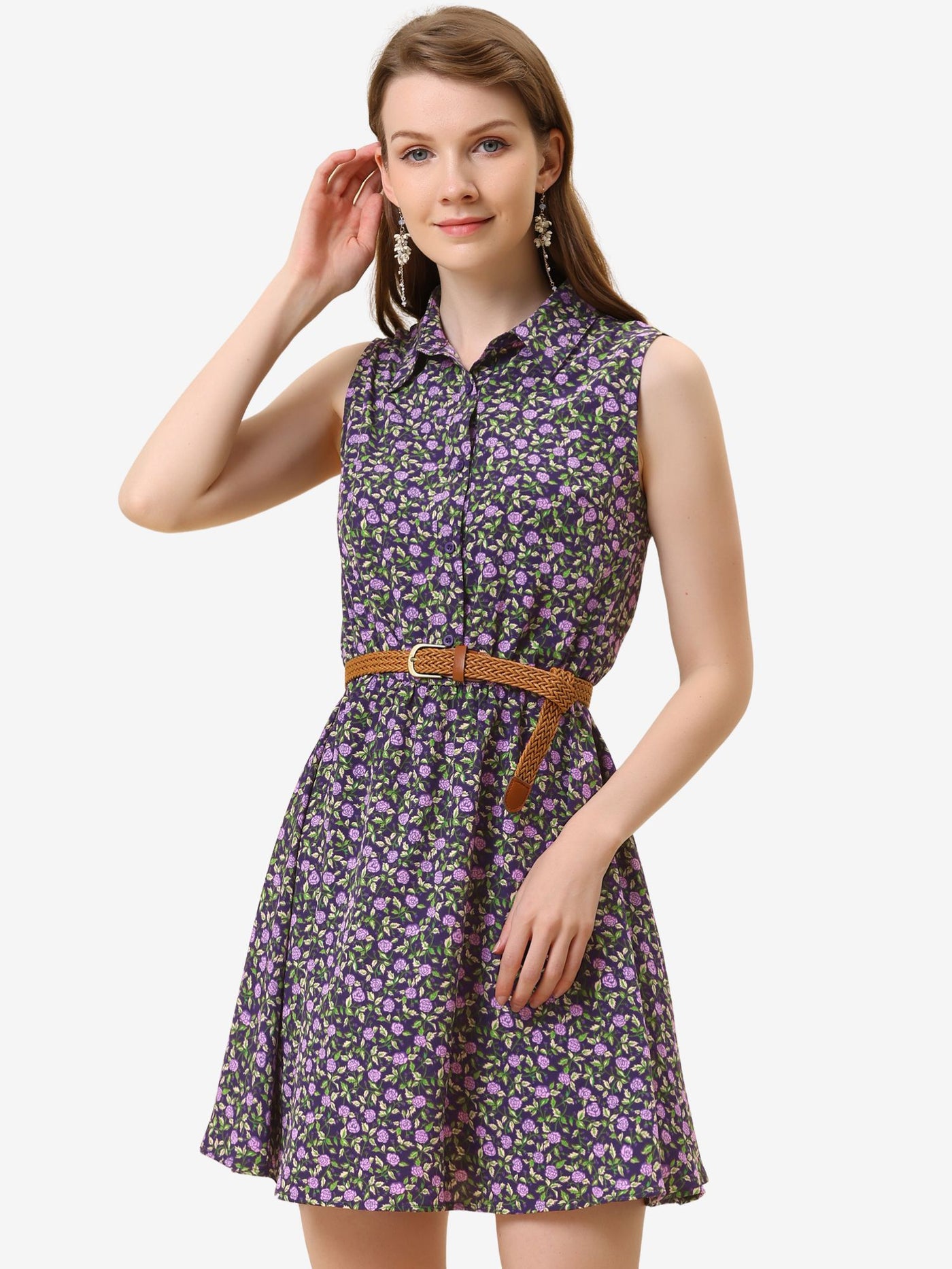 Allegra K Floral Half Placket Above Knee Sleeveless Belted Mini Dress