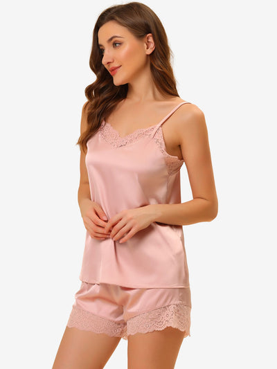 Allegra K Sleepwear Pajama Satin Lace Trim Cami Tops with Shorts Lounge Pj Set