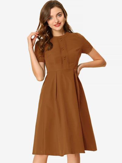 Vintage Round Neck Short Sleeve Pleated 1950s Midi Dress