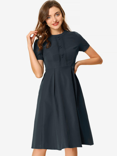 Vintage Round Neck Short Sleeve Pleated 1950s Midi Dress