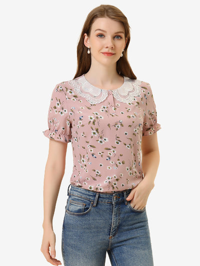 Floral Vintage Ruffled Short Sleeve Peter Pan Blouse