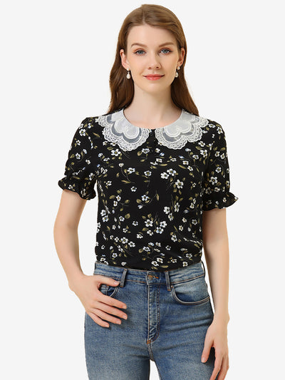 Allegra K Floral Vintage Ruffled Short Sleeve Peter Pan Blouse