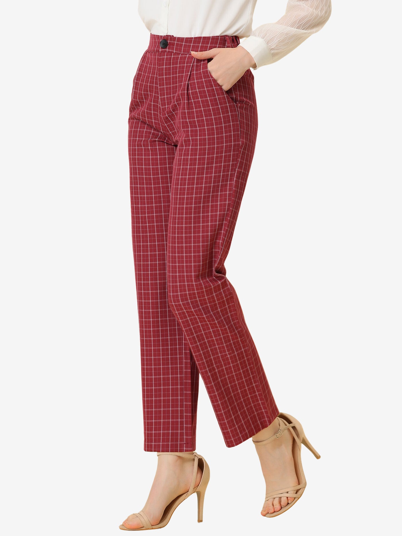 Allegra K Plaid Pants Elastic Waist Casual Work Office Long Trousers