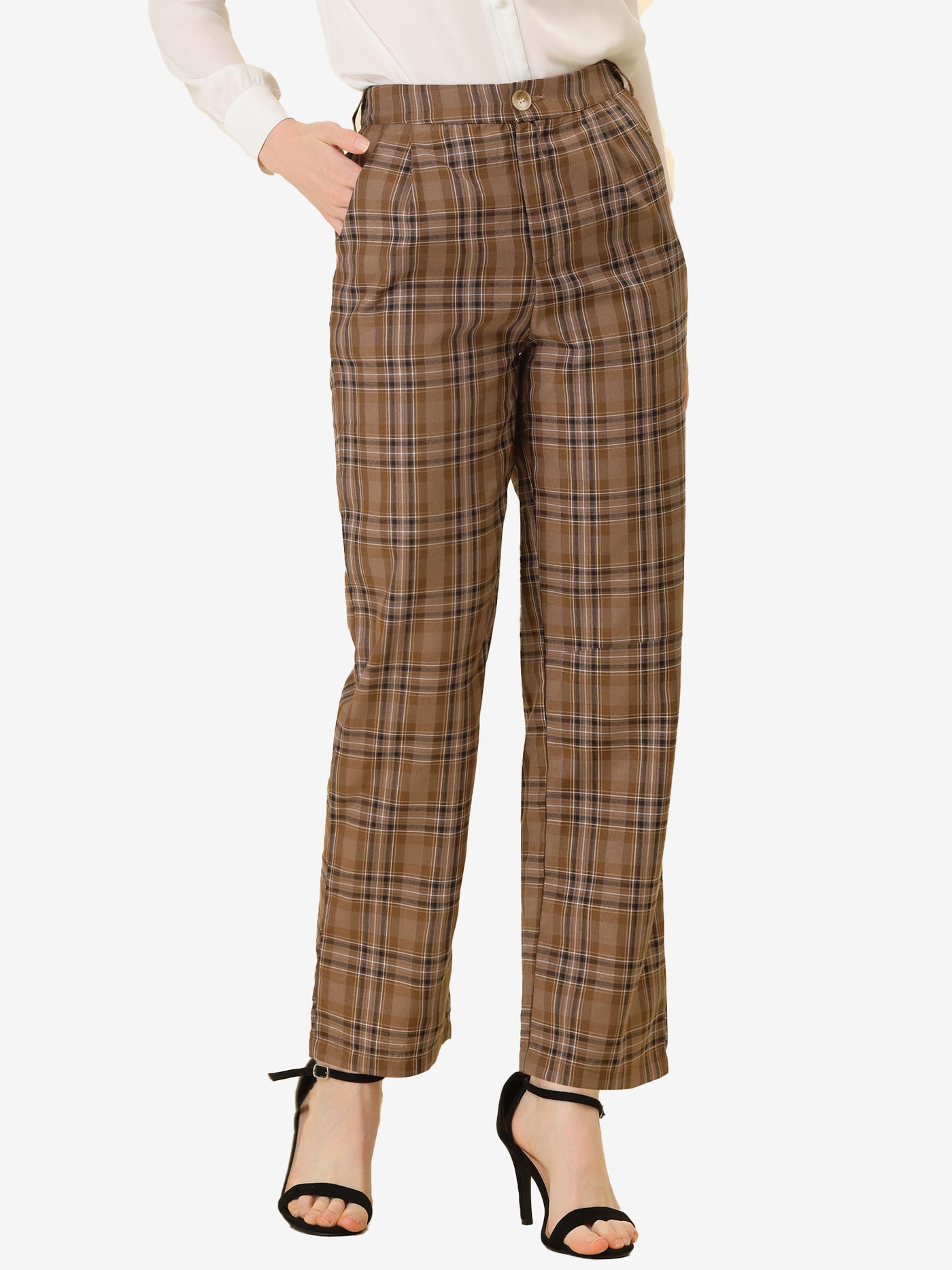 Allegra K Plaid Pants Elastic Waist Casual Work Office Long Trousers