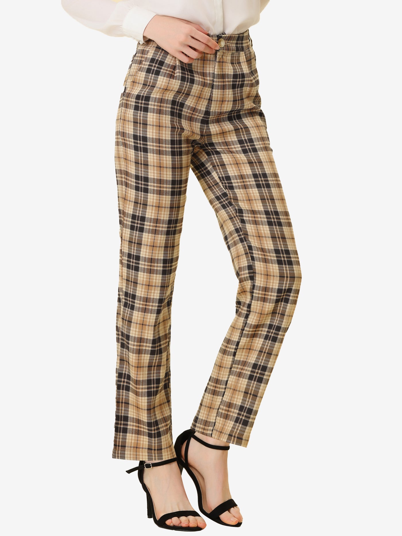 Allegra K Plaid Pants Elastic Waist Casual Work Office Long Trousers