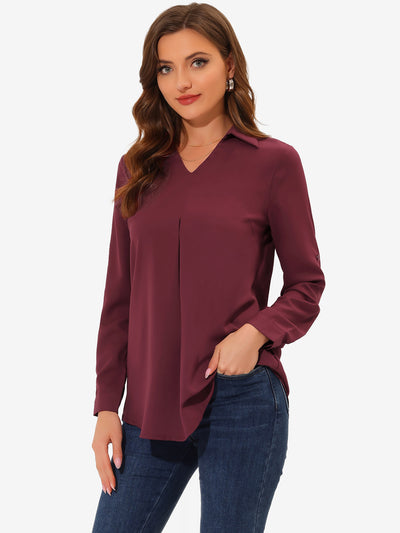 3/4 Roll Sleeve V Neck Pleated Front Collared Solid Work Blouse